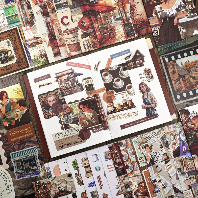 Aromoty Scrapbooking Supplies Kit, Coffee Aesthetic Vintage Scrapbook Kit for Bullet Junk Journal A6 Grid Notebook Stationary Journaling Supplies DIY Craft Birthday Holiday Gifts for Women Kid Teen Girl - Image 3